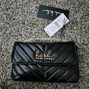 Nicole Miller Black mini vegan leather handbag gold tone chain NWT $50